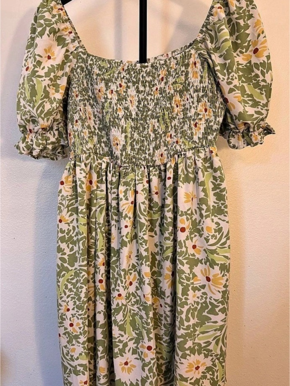 SHEIN Curve Smocked Floral Puff Sleeve Dress Sage Green 0XL Like New